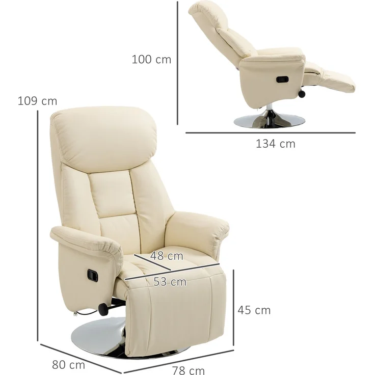 Wohnora-Relaxsessel, Liegefunktion, Lederoptik, Fußstütze, bis 150 kg, 78 x 80 x 109 cm, Creme,H 1090cm x T 800cm x B 780cm,Cremeweiß – Bild 4