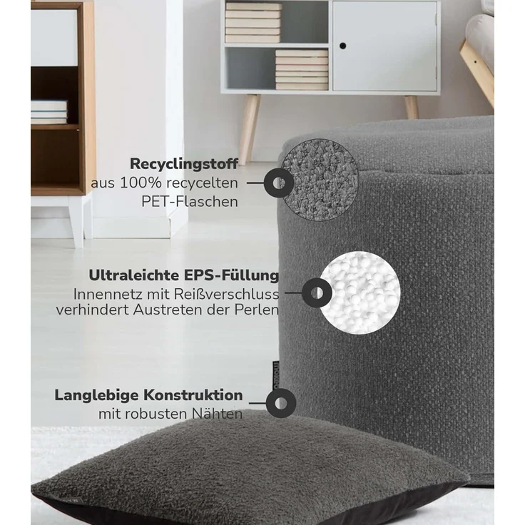 mokebo® Nachhaltiger Indoor Pouf 'Der Ruhepouf', aus Recyclingstoff, runder Sitzpouf & Beistelltisch mit EPS-Perlen Füllung, Made in Germany | Recyclingstoff in Grau – Bild 4
