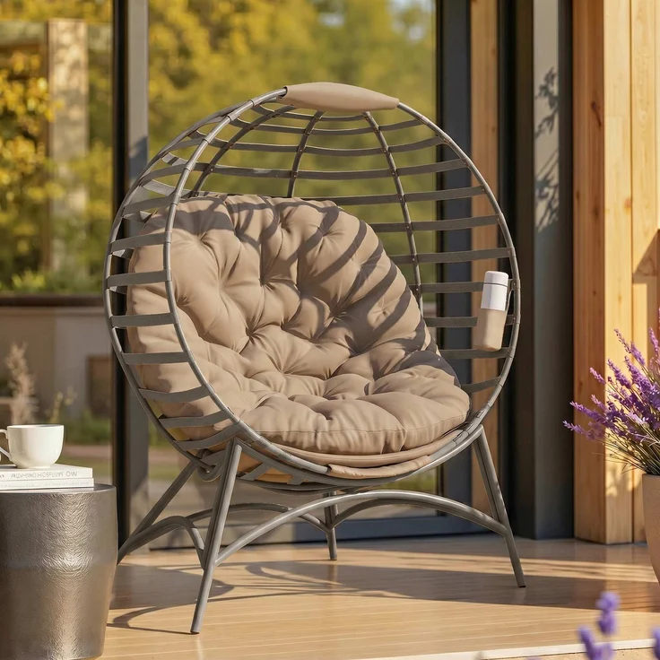 Papasansessel Gartenstuhl Korb-Stuhl mit Kissen oval Loungesessel Korb faltbar 118 x 77 x 139 cm--Sand--139x77x118cm--YOUDENOVA – Bild 3