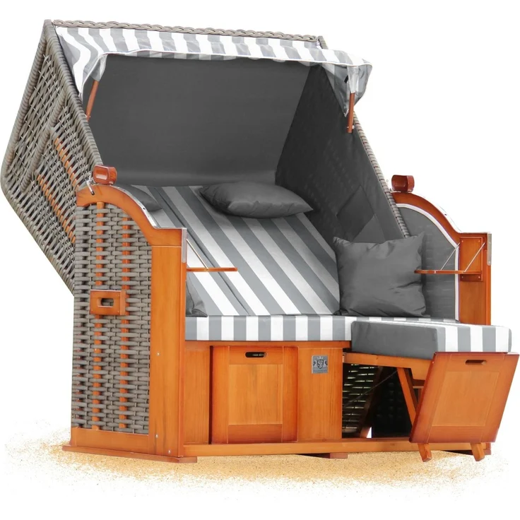 Strandkorb Hanse Ostsee Klassik XXL 2 Sitzer - Grau Weiß Blockstreifen, 137 x 166 x 78 cm – Bild 3