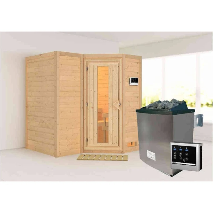 Karibu Sauna Sahib 1 + 9kW Saunaofen mit ext. Steuerung Easy Energiespartür – Bild 1