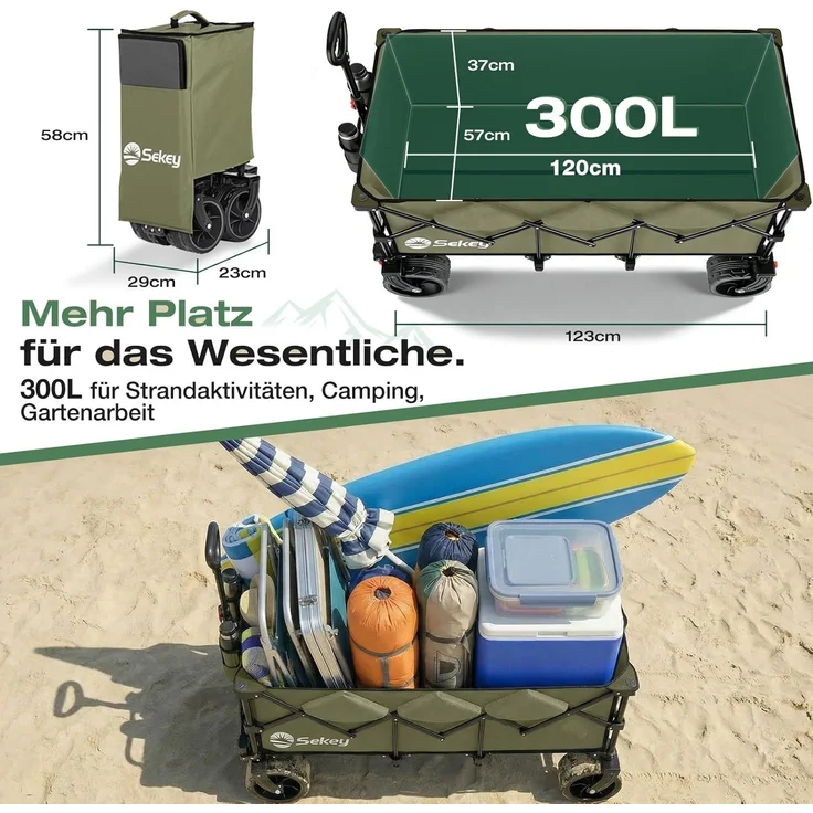 Sekey XXXL Verlängerter Bollerwagen Faltbar Handwagen mit Extra Breite 17x10 cm All-Terrain-Räder, 300L 200KG Belastbar, Grün – Bild 6
