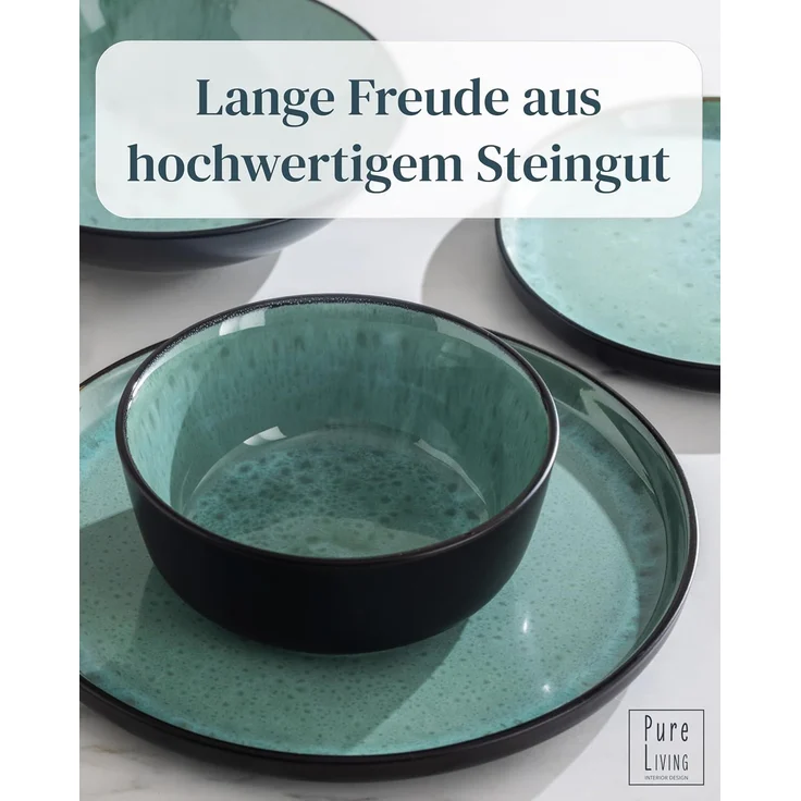 Steingut Geschirrset 6 Pers. Ibiza 18-tlg Hochwertiges Mediterranes TEST SEHR GUT Steingut Geschirr Set - Schüssel- und Teller Set - Tafelservice 6 Personen Geschirrsets Pure Living in Salbeigrün – Bild 6