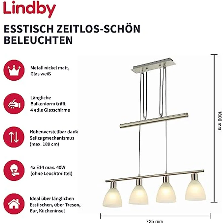 Lindby Hängelampe Simeon, Balkenpendelleuchte mit Seilzugmechanismus, nickelfarben, Glas, 73 cm, E14 – Bild 2