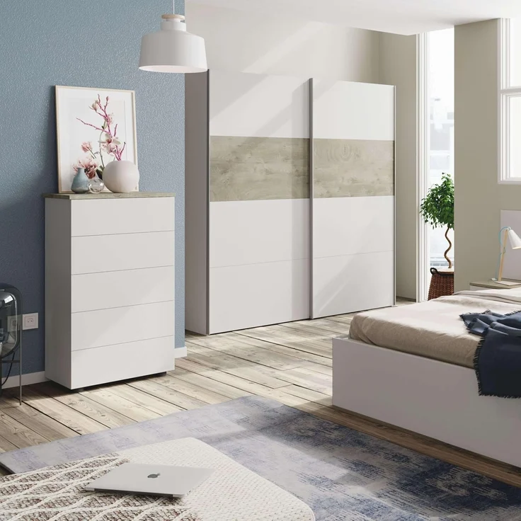 Habitdesign, Kleiderschrank– Schwebetürenschrank mit 2 Schiebetüren für Schlafzimmer, viel Stauraum in Arkit weiß und Alaska-Eiche, Maße: 180 x 200 x 60 cm (B x H x T), Modell Aikos – Bild 6