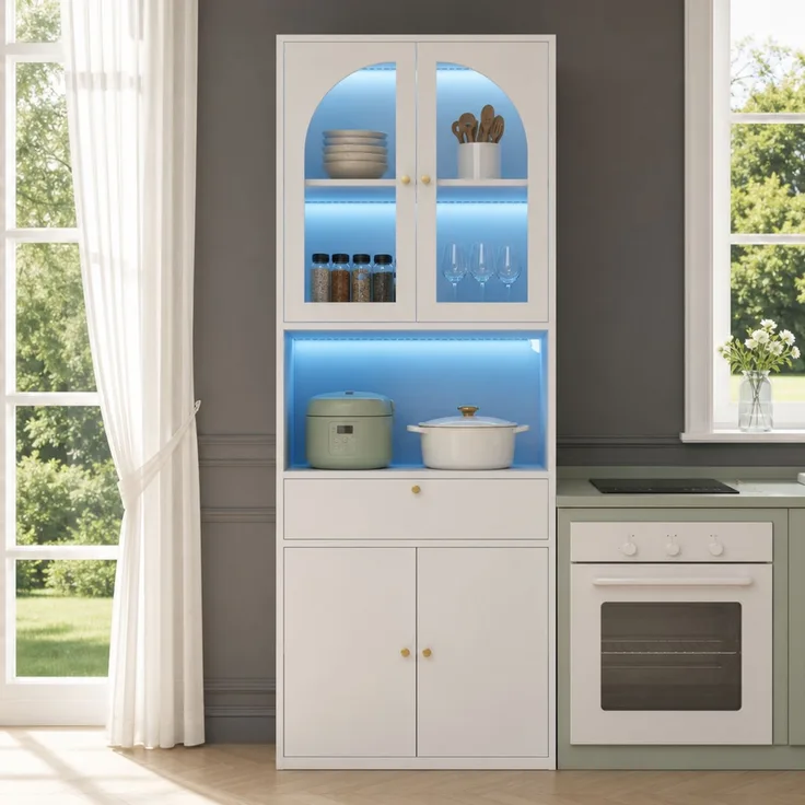 Vitrinenschrank 70x35x180 cm mit Glas, Schublade und RGB-LED, Weiß