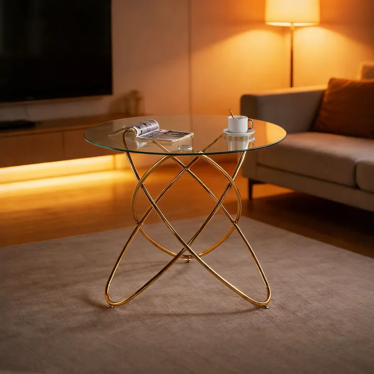 Esstisch aus Glas und Metall, golden,75*80*80 cm