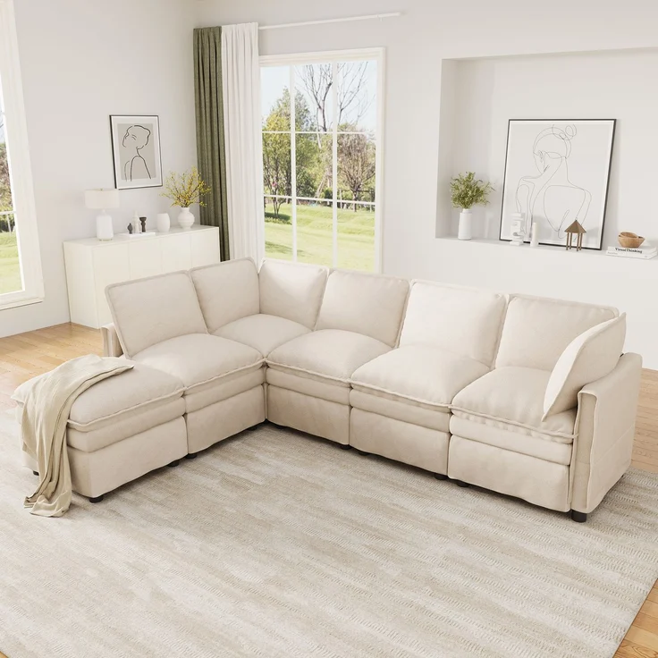 ZUBALIYA Wohnlandschaft 127x91 cm, mit Chenille - Bezug, mit Samtbezug, mit breiten Armlehnen, modular aufgebaut, Beige – Bild 4
