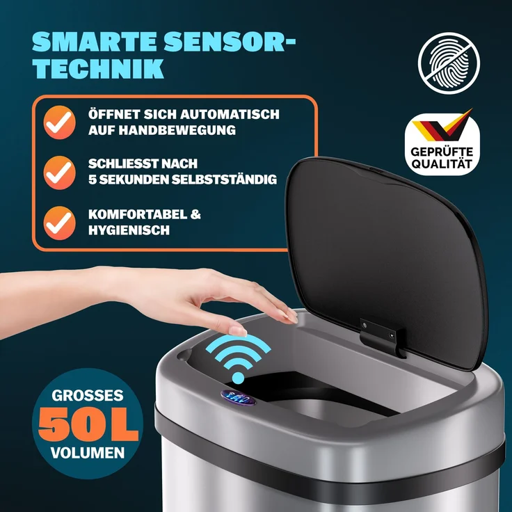 MONZANA® Mülleimer mit Sensor Küche 50L Silber – Bild 2