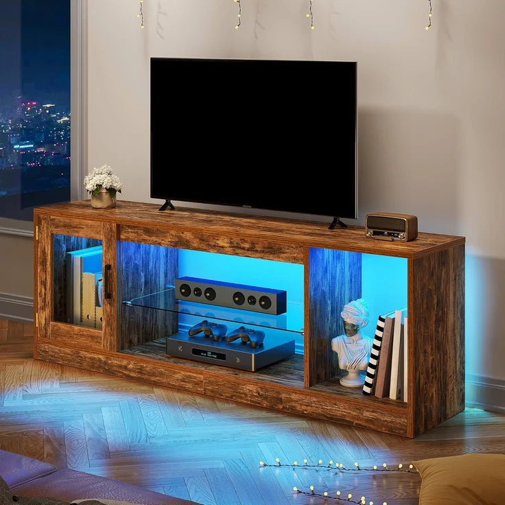 YITAHOME TV-meubel, Retro brandhout, 148 * 32 * 51cm, in hoogte verstelbare glazen Plank, 144cm RGB zevenkleurige lichtstrip, inclusief afstandsbediening met knoopbatterij – Bild 1