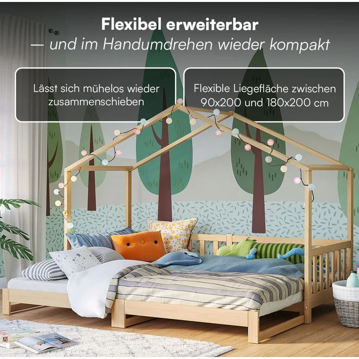 Bellabino 'Bia' Hausbett 90x200 cm/180x200 cm mit 2x 90x200 cm Matratze, natur, Kiefer Massivholz, Bodenbett in Hausoptik, ausziehbares Kinderbett mit Lattenrost – Bild 4