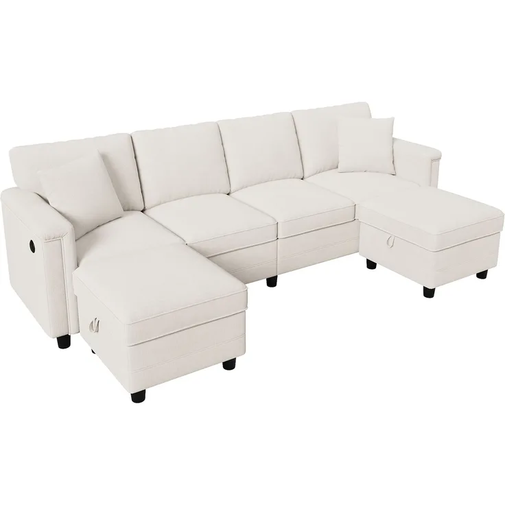 Flieks 4-Sitzer Modulsofa mit 2 Stauraumhockern, USB & USB-C, L- oder U-Form Polstersofa, 261 x 134 x 82 cm, Chenille, Beige