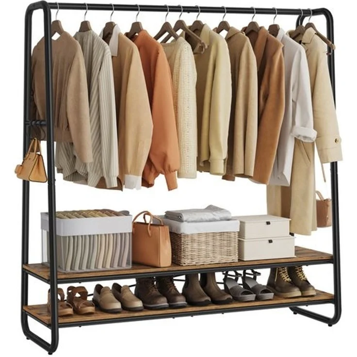 VASAGLE Kleiderständer, Garderobenständer, Garderobe, 2 Ablagen, 6 Haken in S-Form, Stahlgestell, vintagebraun-schwarz – Bild 1