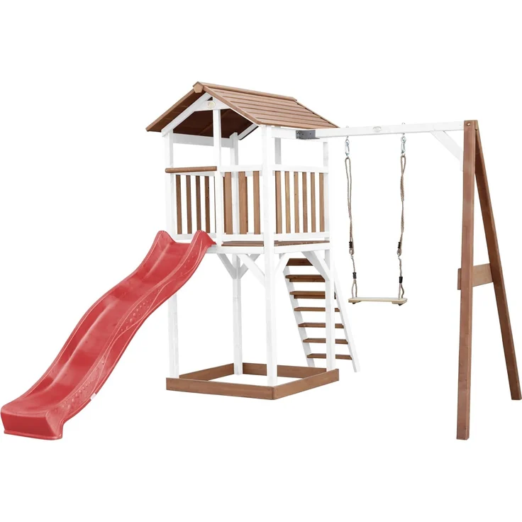 AXI Beach Tower Spielturm aus Holz in Braun & Weiß Spielhaus für Kinder mit roter Rutsche, Schaukel und Sandkasten | Braun, weiß, rot | Holz | 349 cm