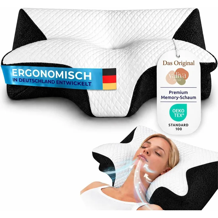 YaLiva_Decor® Kopfkissen ergonomisch, orthopädisch, gegen Nackenschmerzen & mit Memory Foam, Schwarz, 62 x 34 x 12 cm