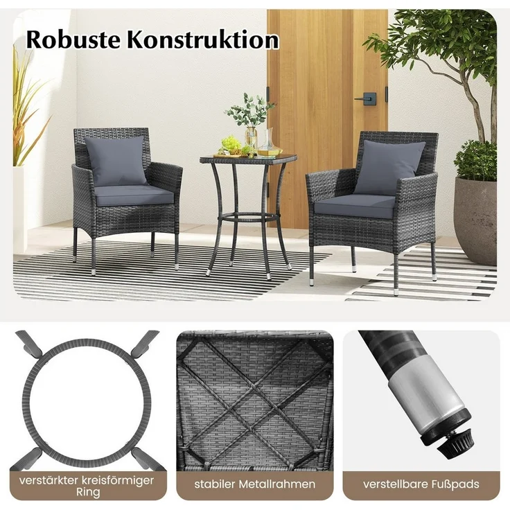 COSTWAY Balkonset, (3-tlg), 2 Personen, Rattan, 2 Sessel & Glastisch, mit Kissen – Bild 2