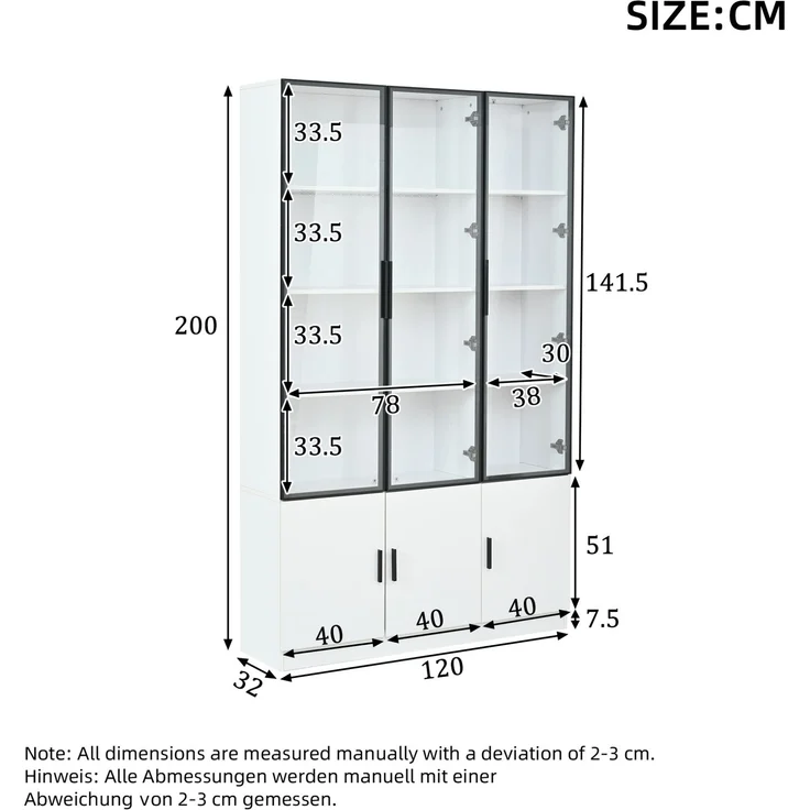 DESVIAE Vitrine mit 6 Glastüren und LED-Beleuchtung 120x200x32 cm MDF Weiß – Bild 10