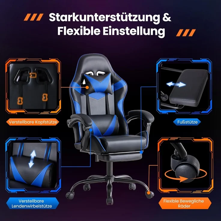 Sweetcrispy Gaming Stuhl, Gaming Chair mit Fußstütze Kopfstütze Lendenwirbelstütze, Ergonomischer PC Stuhl, Höhenverstellbarer Bürostuhl Computerstuhl, Gamer Stuhl, Drehbarer Schreibtischstuhl, Blau – Bild 4