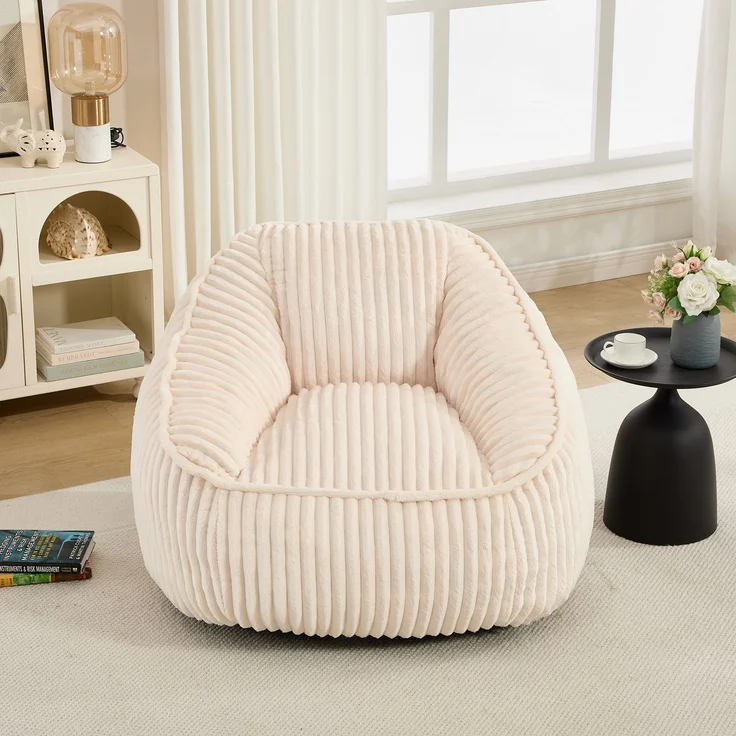 Bean Bag Stuhl mit Memory-Schaumstofffüllung, gestreifter Blasen-Plüsch, flauschig, gemütlich, gemütlicher Sofa für Wohnzimmer, Wohnungen und Schlafsäle--Beige--98x92x73cm--YOUDENOVA – Bild 2