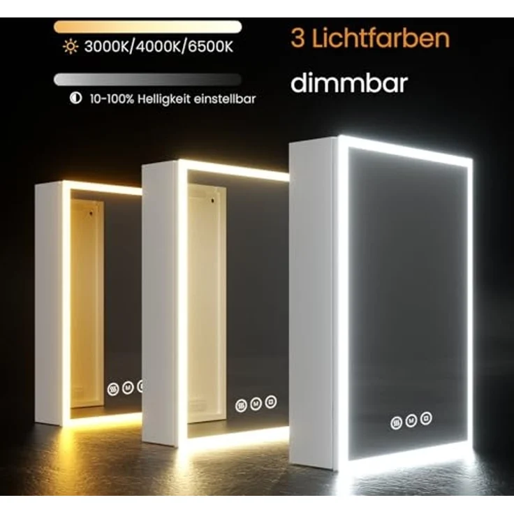EMKE Spiegelschrank Bad mit Beleuchtung, 50x70x14,5 cm, Antibeschlag, 3 Lichtfarbe dimmbar, Steckdose, Glasablage, Speicherfunktion, Silberweiß doppelspiegel spiegelschrank, Acryl-Leuchtmaterial – Bild 3