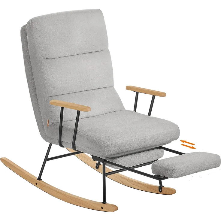 SONGMICS HOME Schaukelstuhl, Füße aus Kautschukholz, Schaukelsessel, Fleece Oberfläche, 4-Fach verstellbare Rückenlehne, bis 160 kg belastbar, für Schlafzimmer, Wohnzimmer, Taubengrau LYY016GD01