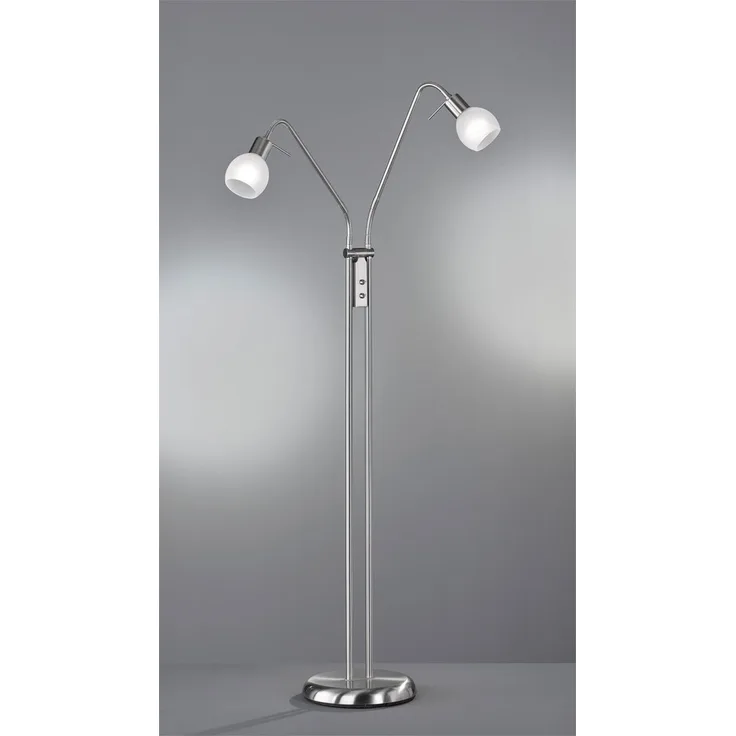 Kleine LED Stehleuchte, 2 Flexarm Leselampen, Silber mit Glasschirm, Höhe 125cm