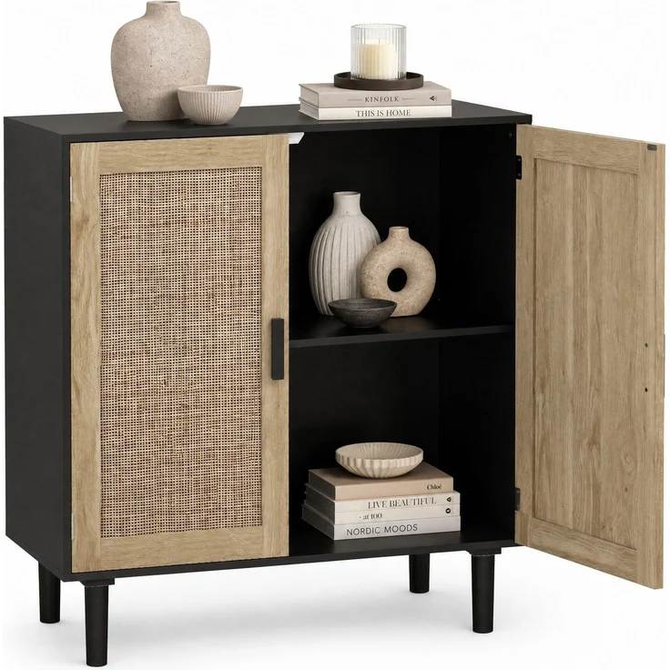 DESVIAE Sideboard mit Rattantüren 80x88x40 cm MDF Schwarz – Bild 7