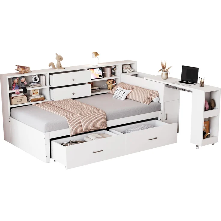 Merax Einzelbett, Jugendbett, Holzbett, Holzschlafsofa 90 x 200 cm, multifunktionaler Stauraum, 2 große Schubladen, Multifunktionssteckdose, ausziehbarer Schreibtisch, weiß – Bild 10