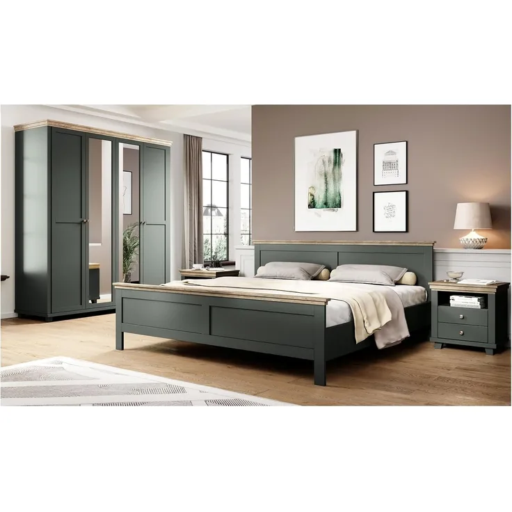 Schlafzimmer-Set Elda Kleiderschrank Bett Nachttische 4-tlg grün Eiche Lefkas