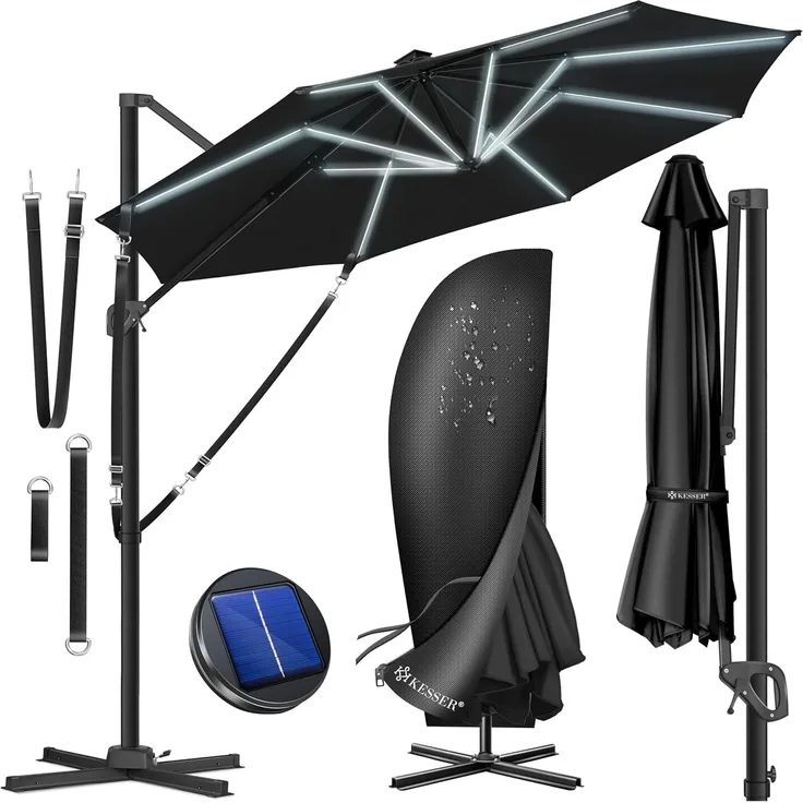 KESSER® Sonnenschirm Ampelschirm Sun Rund XL, Schwarz, Mit LED