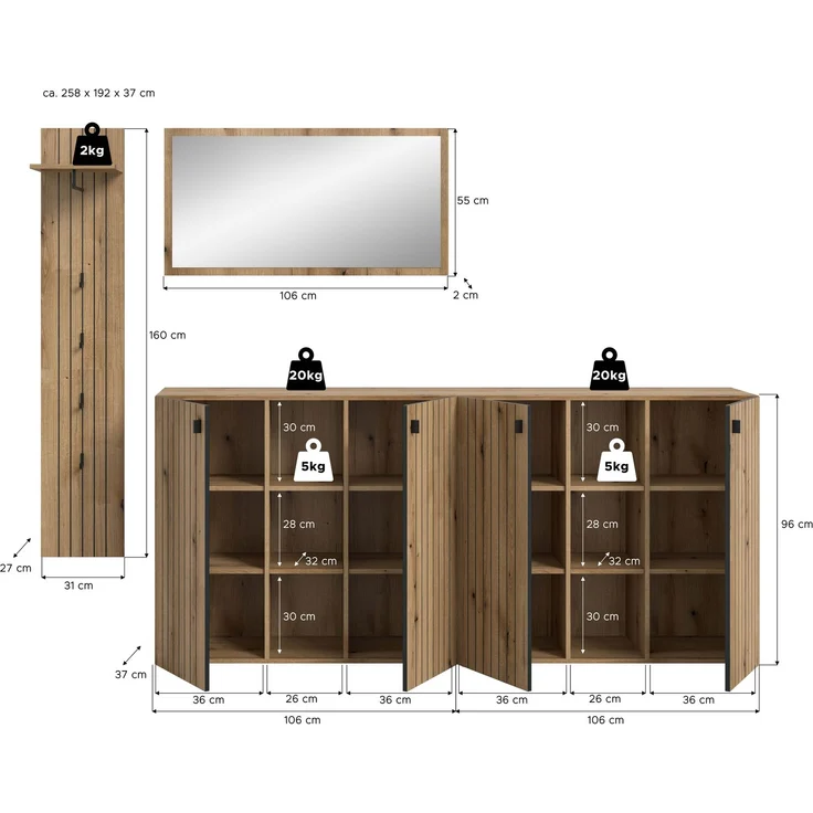 Garderobenkombination (B/H/T: 258x192x37 cm) in Evoke Oak Nachbildung – Bild 4