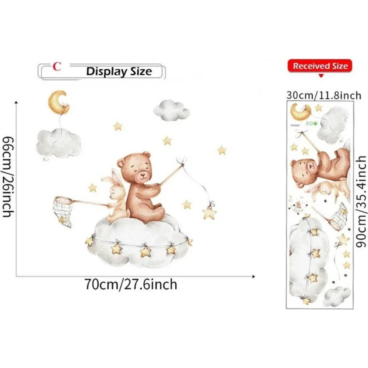 Montegoni Wandsticker Bär & Hase Wolken Wandsticker mit Mond und Sternen – Kinderzimmer (1 Set Wandsticker Bär Hase Wolken Mond Sterne), Selbstklebend, abnehmbar, wasserfest, rückstandslos entfernbar – Bild 2