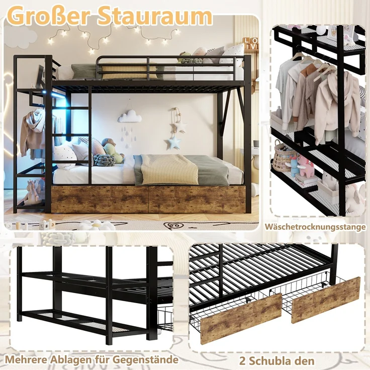Etagenbett mit Schubladen, RGB LED-Streifen, Kleiderstange, Regal, Lattenrost und Leiter, 140x200 cm, Kinderbett mit Rausfallschutz, Metallbett – Bild 5