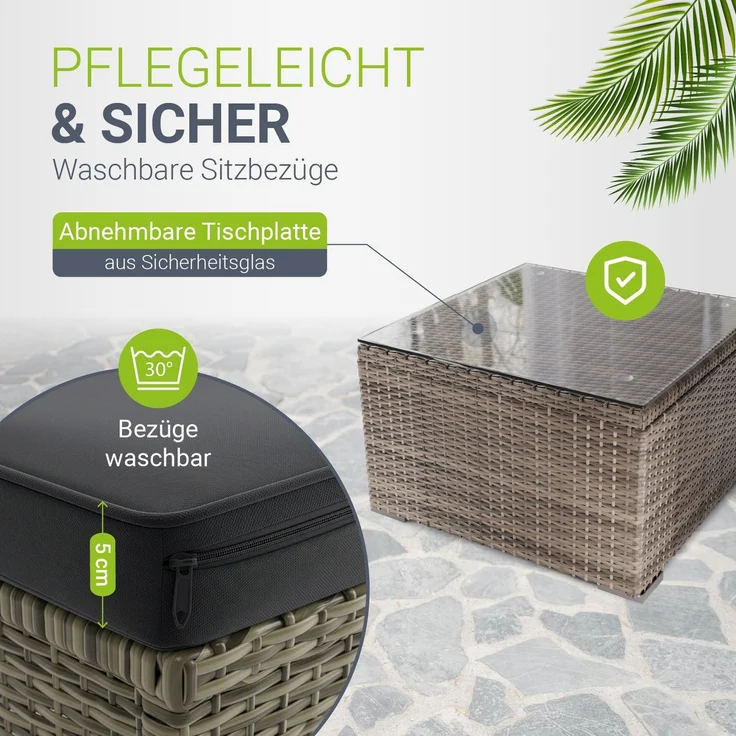 Juskys Polyrattan Lounge Punta Cana L grau-meliert inkl. Abdeckung – Gartenlounge für 4-5 Personen – Sitzgruppe mit Sessel, Sofa, Tisch & Hocker - Sitzbezüge Grau – Bild 3