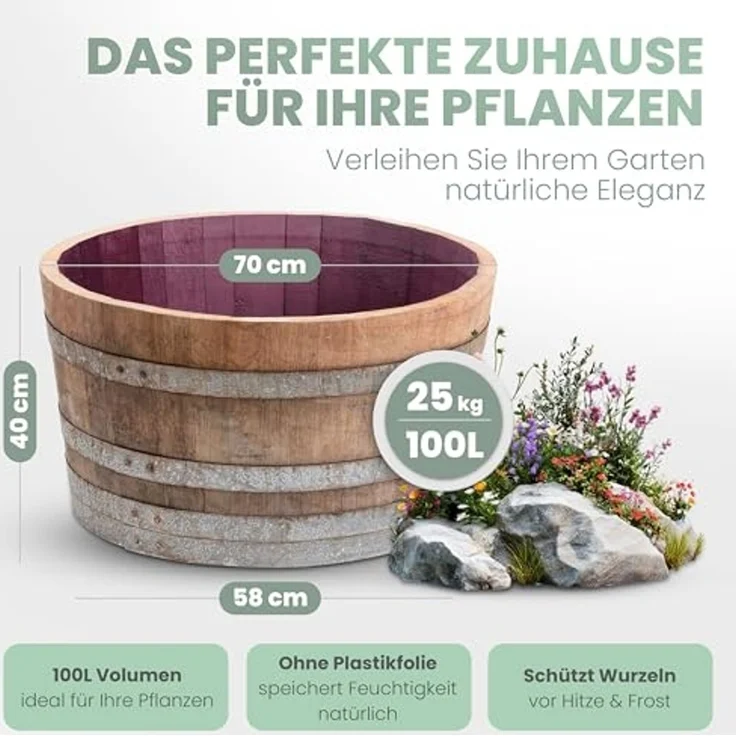 Temesso Pflanzkübel D 70cm - Halbiertes Weinfass als Miniteich - D70cm H40 100L Inhalt – Bild 3