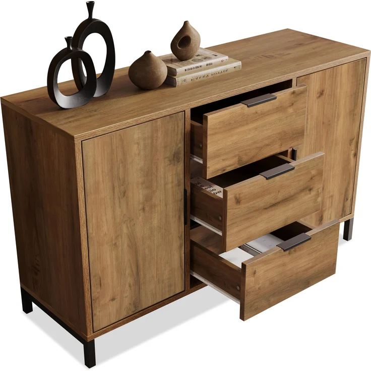Kommode Spanplatte mit Metallbeinen, 2 Türen & 3 Schubladen, 120x40x76 cm, Dunkleiche – Bild 9