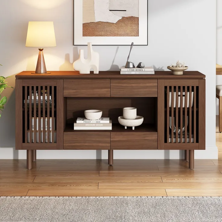 Sideboard 140 x 35 x 71 cm mit 4 Schubladen und 2 Lamellentüren – MDF in Walnussholzfarbe