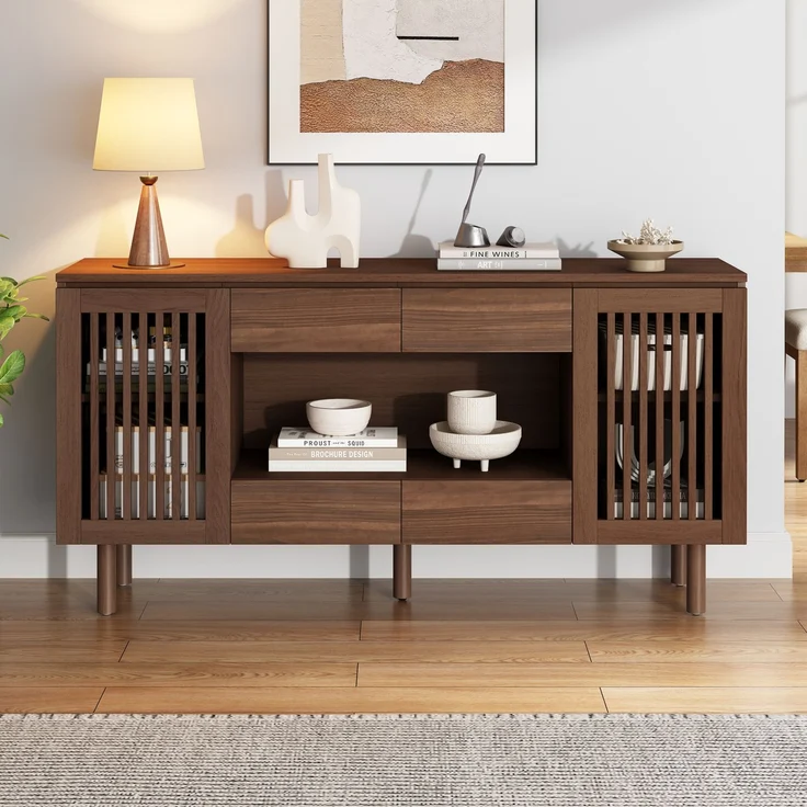 Sideboard 140 x 35 x 71 cm mit 4 Schubladen und 2 Lamellentüren – MDF in Walnussholzfarbe – Bild 1