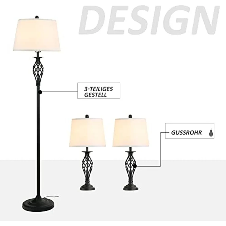 HOMCOM Stehlampe 3er-Lampenset 2 Tischlampe + 1 Stehlampe, Metall, PS, Polyester, Baumwolle, Vintage, Schwarz+Weiß – Bild 4