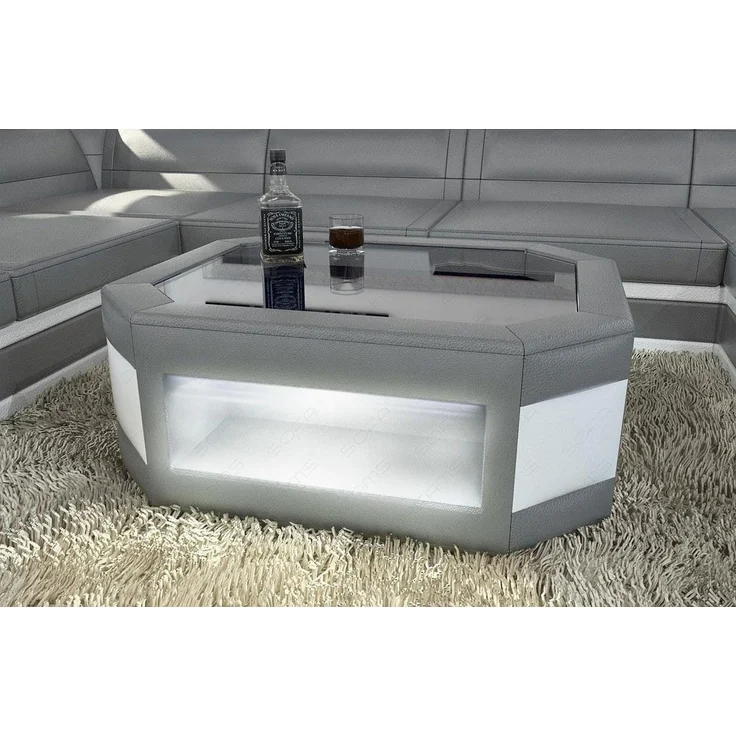Sofa Dreams - Design Wohnzimmertisch Prato – Mit LED Beleuchtung - Kunstleder - Grau-Weiß – Bild 3