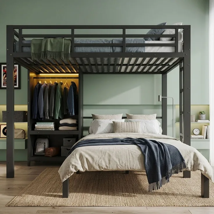 EINHOM Metallbett 120 x 200 cm, Doppelstockbett in Schwarz, Etagenbett mit 2 Liegeflächen, Gerader Leiter, Integriertem Kleiderschrank und LED-Beleuchtung (Ohne Matratze)