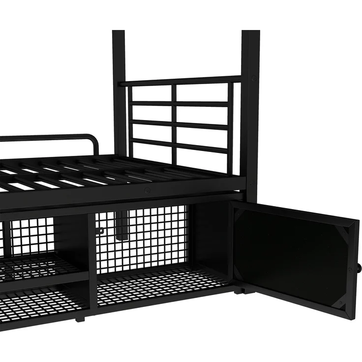 EINHOM Eisenrahmenbett, Etagenbett, Offener Schuhschrank, Doppeltüriger Kleiner Lagerschrank, Geeignet für Kinder und Jugendliche, mit Seitenleiter, mit Fallschutzgitter, Eisen, Schwarz, 90 x 200 cm (Ohne Matratze) – Bild 6