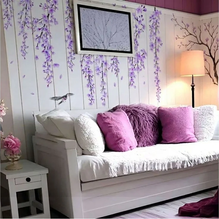 Montegoni Wandsticker Lila Kirschblüten Wandsticker Vögel Blumen Wandtattoo Wohnzimmer (Mehrteiliges Wandtattoo Set, 4 Stück Blumen Wandsticker), Selbstklebend farbstabil elegant asiatisch inspiriert – Bild 3