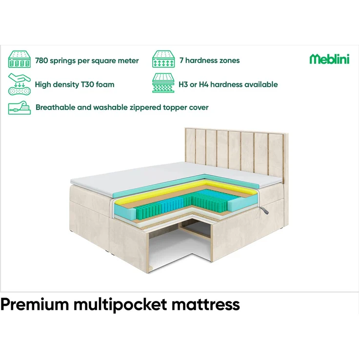 MEBLINI Boxspringbett NOAH 200x220cm - H3/Beige Samt - mit Bettkasten - Gepolstert Doppelbett mit Matratze und Topper - Polsterbett mit Stauraum - Bett mit Kopfteil - Stauraumbett – Bild 6