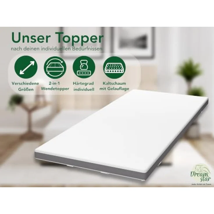 Dreamstar, 7-Zonen Topper mit Gel-Memory- und Komfortschicht, H2/H3, 8 cm hoch, rutschfest, waschbarer Bezug, Weiß – Bild 5