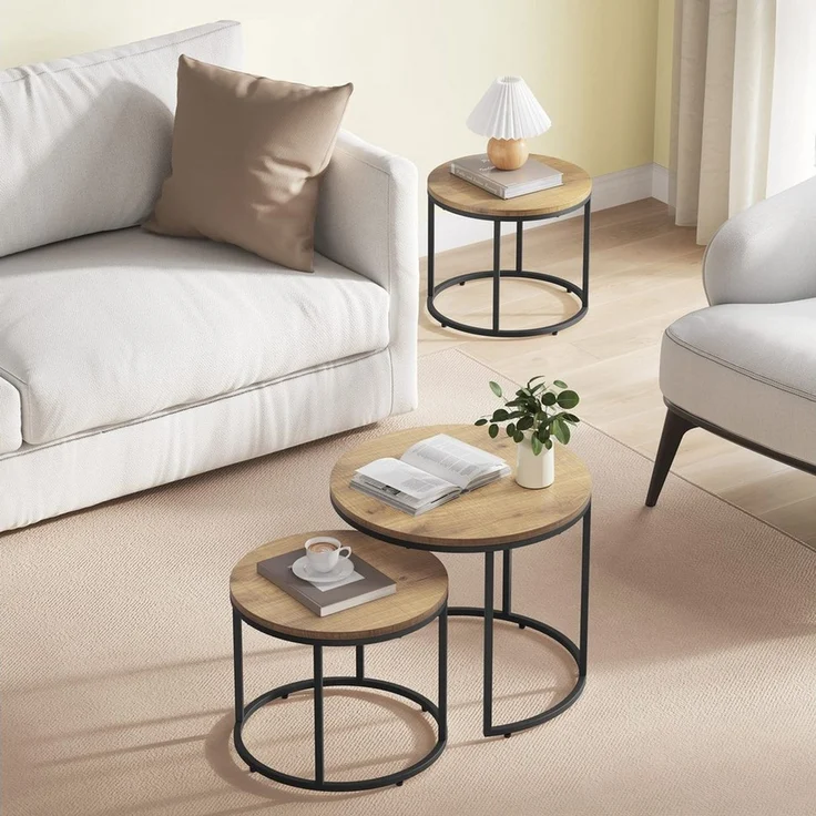 Home Collective Couchtisch 2er Set Beistelltisch Loft Design 2in1 Verschachtelung Wohnzimmer, kratzfeste Oberfläche 53cm & 43cm Sonoma-Eiche, schwarzen Beinen rund – Bild 2