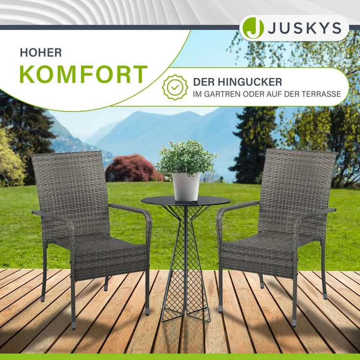 Juskys Polyrattan Gartenstühle Yoro 2er Set - mit Armlehnen & Rückenlehne - 2 Stühle stapelbar - Rattan Stuhl Garten - Stapelstuhl Grau-meliert – Bild 5