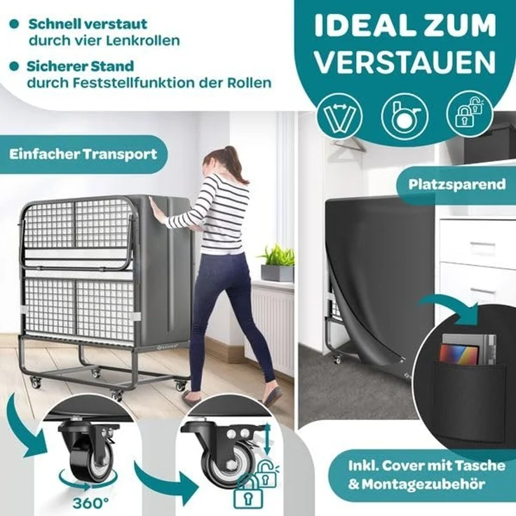 KESSER® Klappbett 200x90cm Gästebett inkl. Matratze aus Memory-Schaum & Rollen | faltbares Reisebett mit Metallrahmen für Erwachsene belastbar bis 250kg | Metallbett mit Schaumstoffmatratze & Cover Anthrazit / Weiß, Deluxe Plus – Bild 4