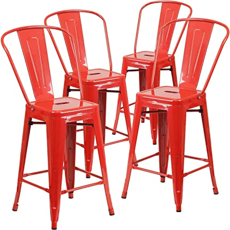 Flash Furniture Lily Hocker in handelsüblicher Qualität, 61 cm hoch, Metall, für drinnen und draußen, mit Abnehmbarer Rückenlehne, Rot, 4 Stück – Bild 2