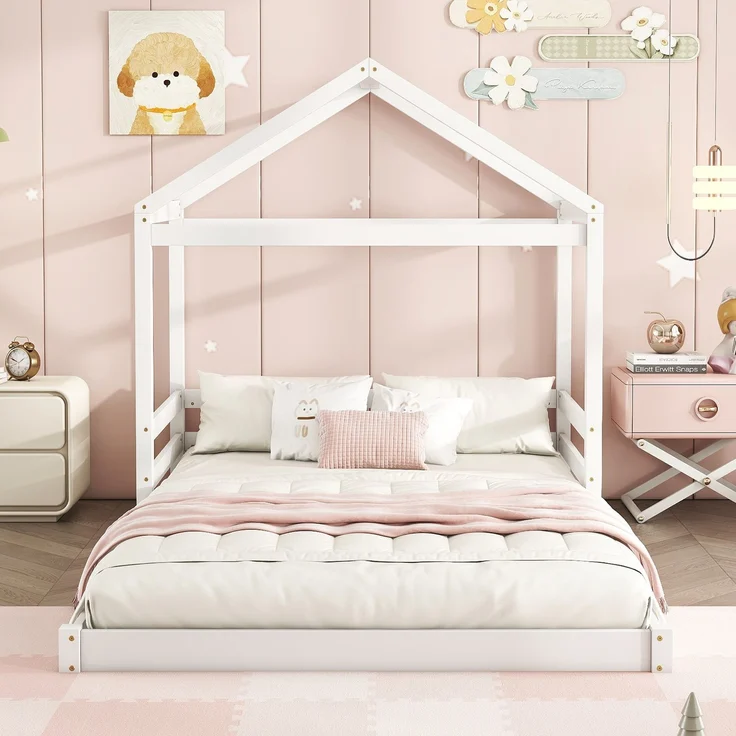 Hausbett 140x200 cm für Kinder, Kinderbett in Hausform mit Lattenrost,modernes Montessori Bett,stabiles Holzhausbett, Weiß – Bild 4